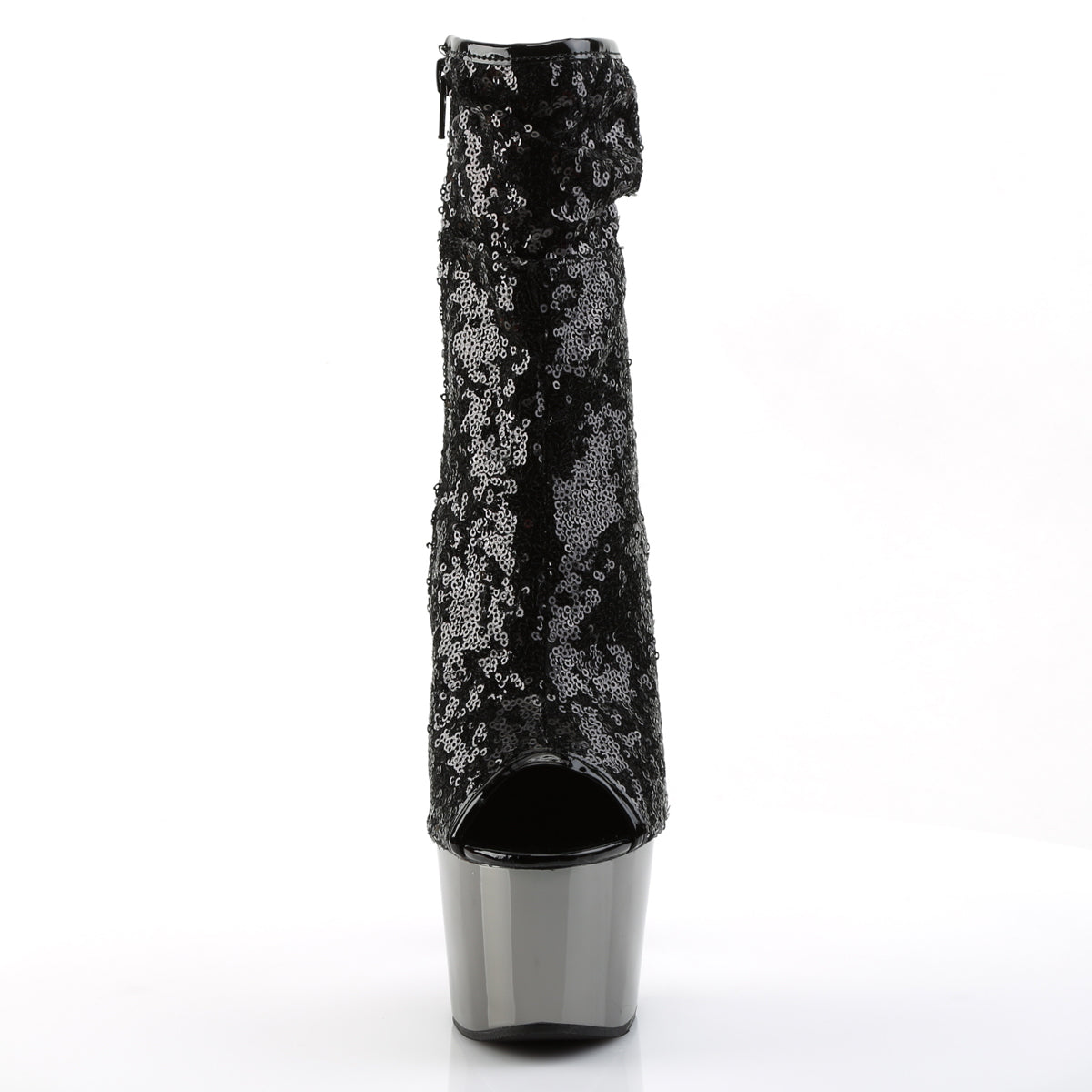 Pleaser ADORE-1008SQ Black Sequins / Dark Pewter Chrome Sequin Peep Toe Platform Ankle Boots - 7 Inch Heels