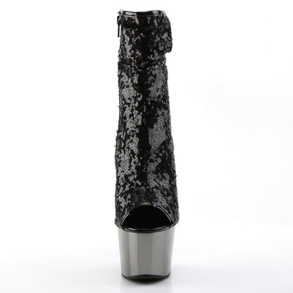 Pleaser ADORE-1008SQ Black Sequins / Dark Pewter Chrome Sequin Peep Toe Platform Ankle Boots - 7 Inch Heels