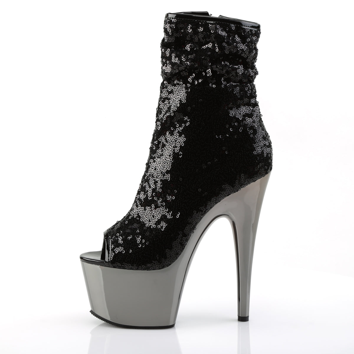 Pleaser ADORE-1008SQ Black Sequins / Dark Pewter Chrome Sequin Peep Toe Platform Ankle Boots - 7 Inch Heels