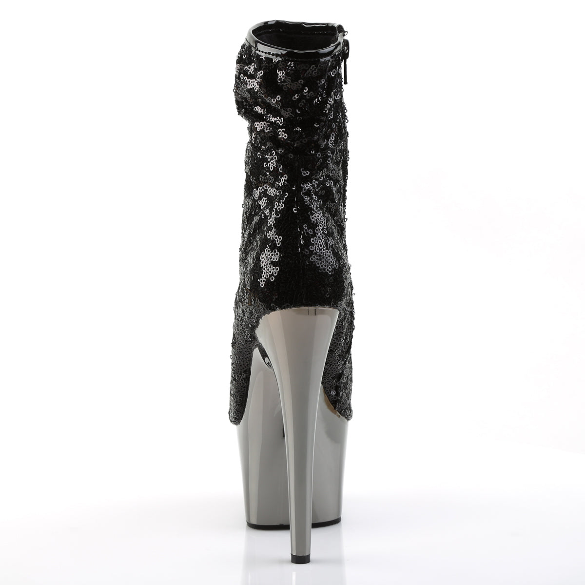 Pleaser ADORE-1008SQ Black Sequins / Dark Pewter Chrome Sequin Peep Toe Platform Ankle Boots - 7 Inch Heels