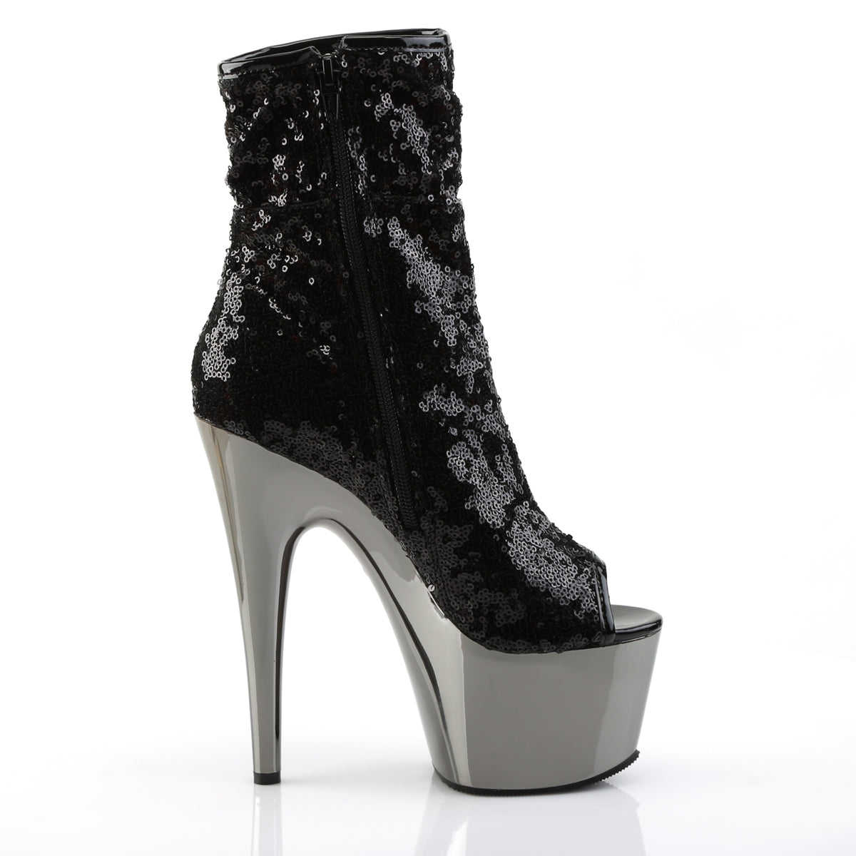 Pleaser ADORE-1008SQ Black Sequins / Dark Pewter Chrome Sequin Peep Toe Platform Ankle Boots - 7 Inch Heels