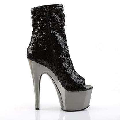 Pleaser ADORE-1008SQ Black Sequins / Dark Pewter Chrome Sequin Peep Toe Platform Ankle Boots - 7 Inch Heels