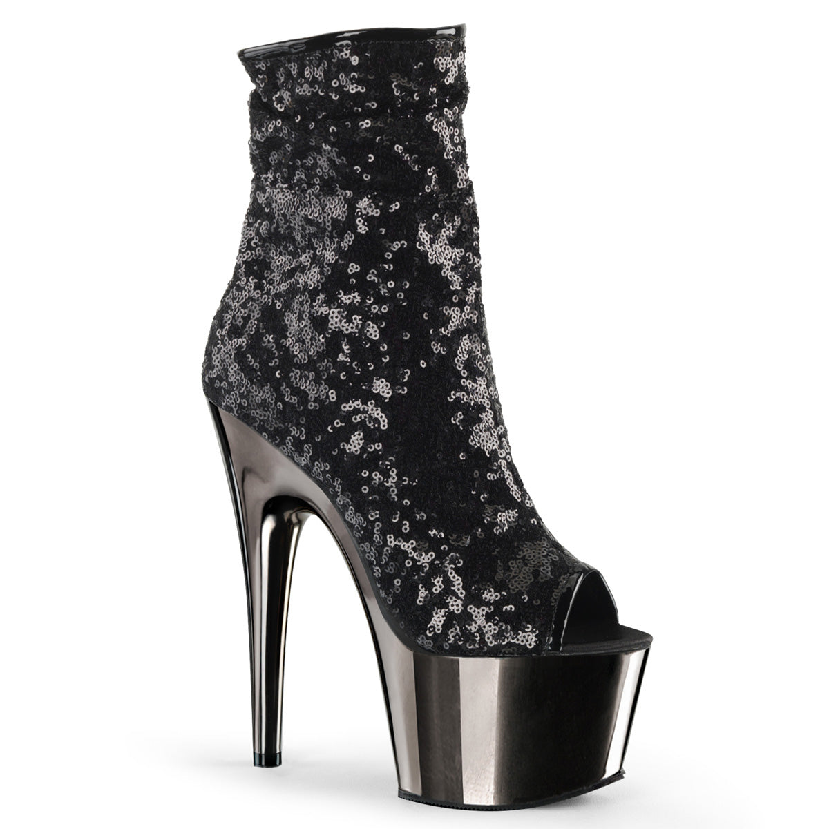 Pleaser ADORE-1008SQ Black Sequins / Dark Pewter Chrome Sequin Peep Toe Platform Ankle Boots - 7 Inch Heels