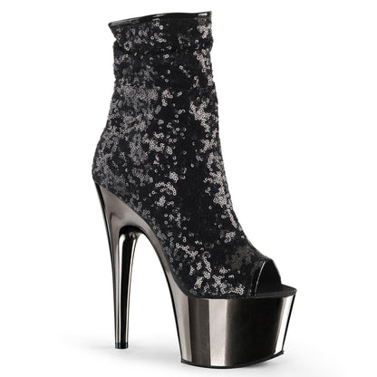 Pleaser ADORE-1008SQ Black Sequins / Dark Pewter Chrome Sequin Peep Toe Platform Ankle Boots - 7 Inch Heels
