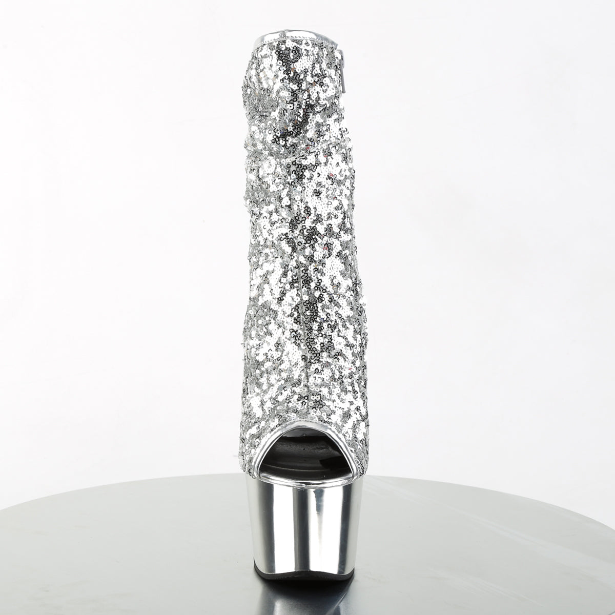 Pleaser ADORE-1008SQ Silver Sequins / Silver Chrome Sequin Peep Toe Platform Ankle Boots - 7 Inch Heels