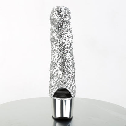 Pleaser ADORE-1008SQ Silver Sequins / Silver Chrome Sequin Peep Toe Platform Ankle Boots - 7 Inch Heels