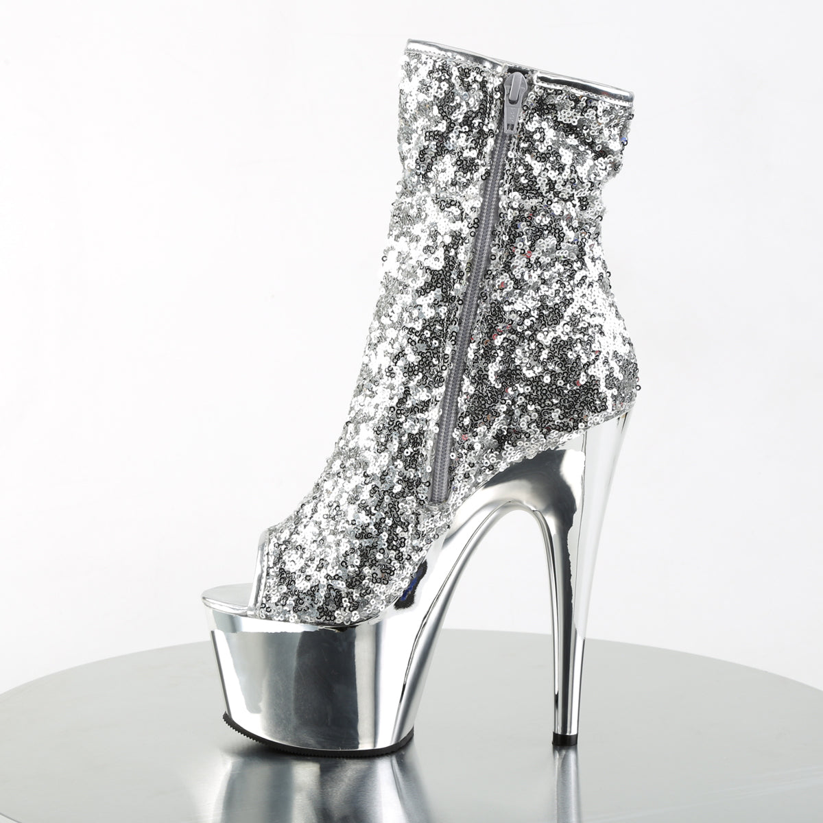 Pleaser ADORE-1008SQ Silver Sequins / Silver Chrome Sequin Peep Toe Platform Ankle Boots - 7 Inch Heels