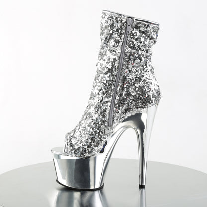 Pleaser ADORE-1008SQ Silver Sequins / Silver Chrome Sequin Peep Toe Platform Ankle Boots - 7 Inch Heels