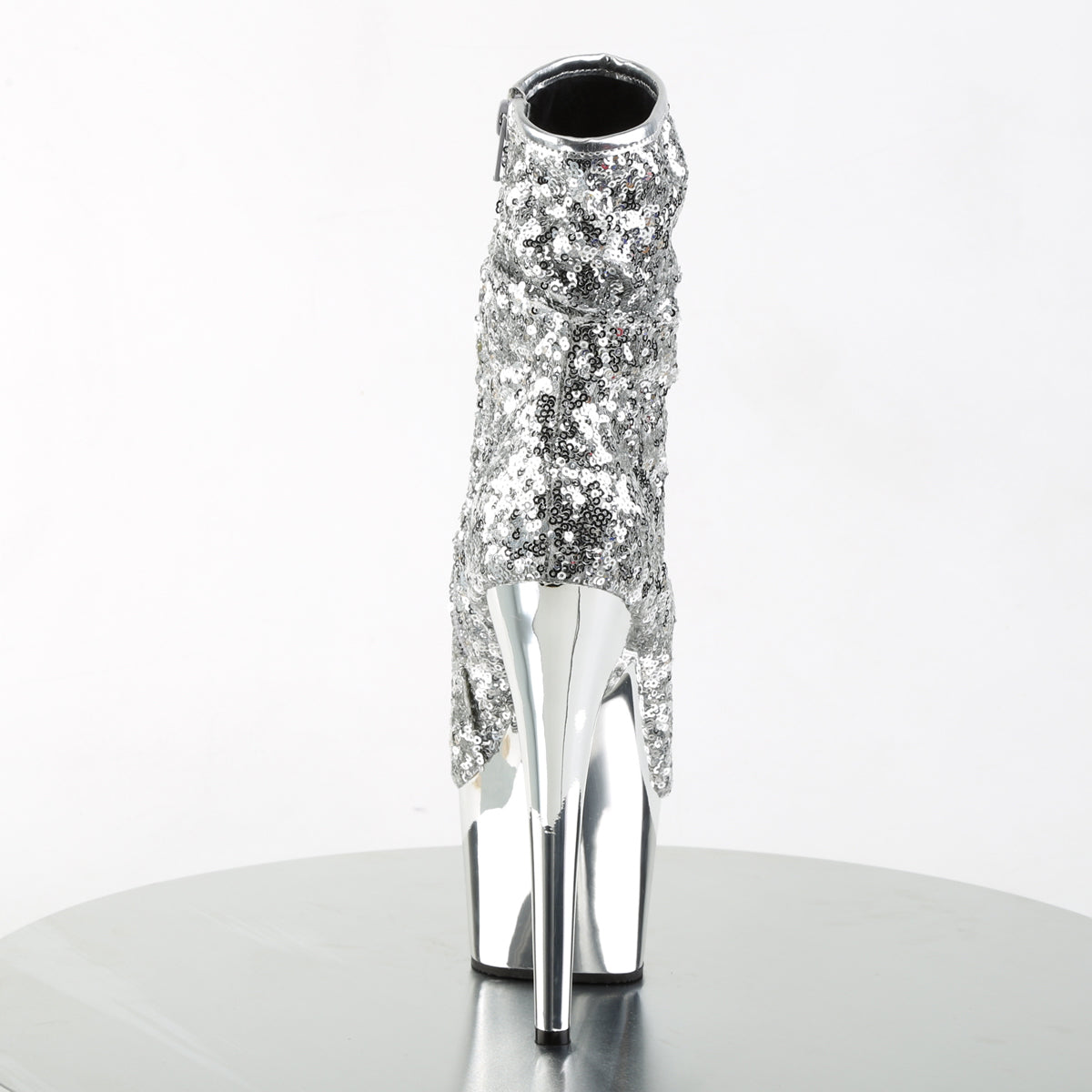 Pleaser ADORE-1008SQ Silver Sequins / Silver Chrome Sequin Peep Toe Platform Ankle Boots - 7 Inch Heels