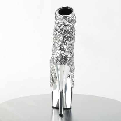 Pleaser ADORE-1008SQ Silver Sequins / Silver Chrome Sequin Peep Toe Platform Ankle Boots - 7 Inch Heels