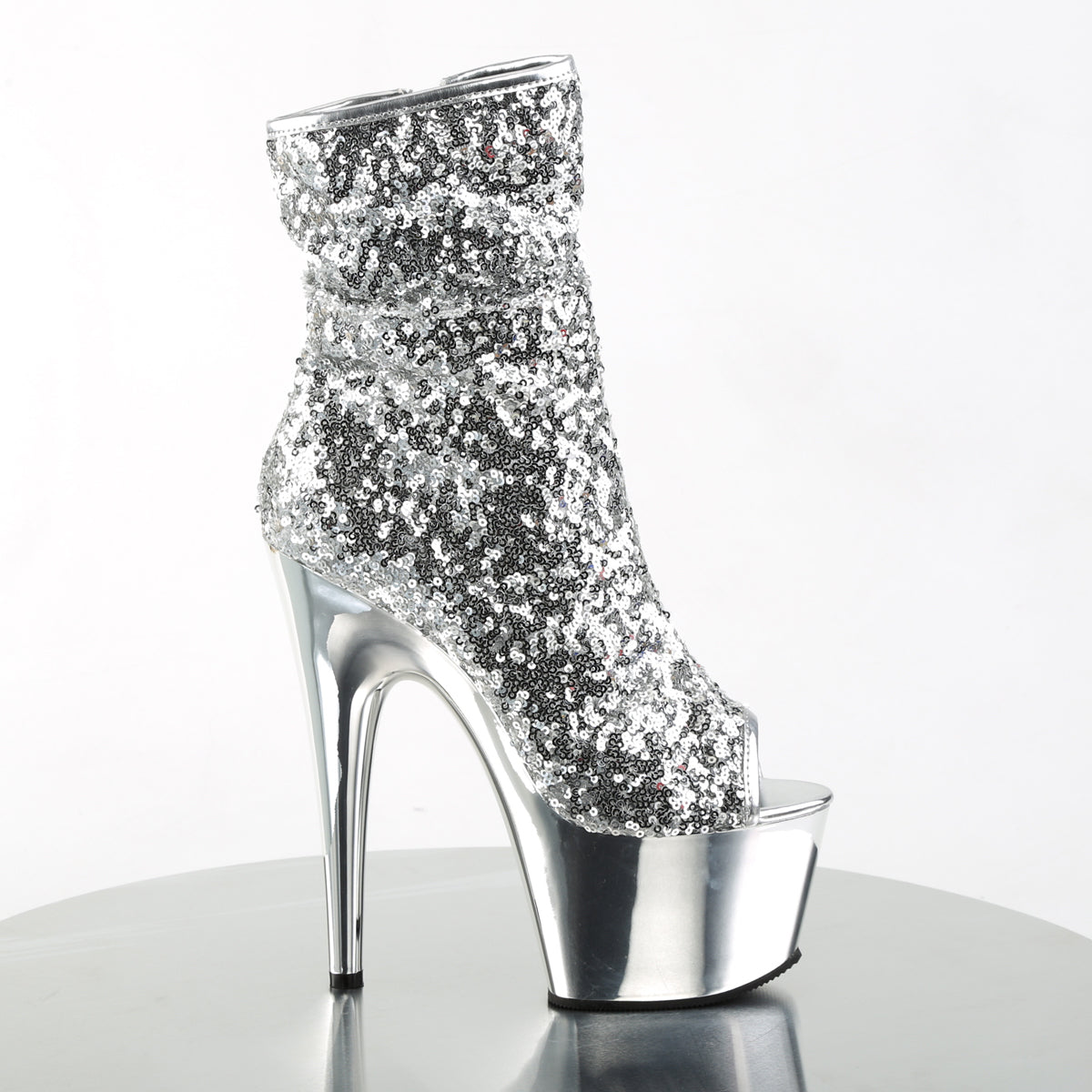 Pleaser ADORE-1008SQ Silver Sequins / Silver Chrome Sequin Peep Toe Platform Ankle Boots - 7 Inch Heels
