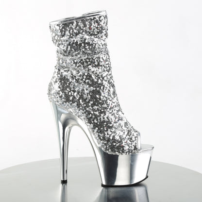 Pleaser ADORE-1008SQ Silver Sequins / Silver Chrome Sequin Peep Toe Platform Ankle Boots - 7 Inch Heels