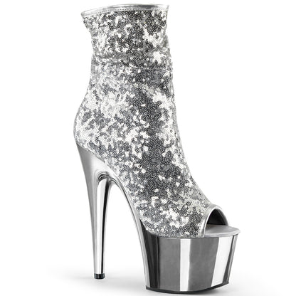 Pleaser ADORE-1008SQ Silver Sequins / Silver Chrome Sequin Peep Toe Platform Ankle Boots - 7 Inch Heels