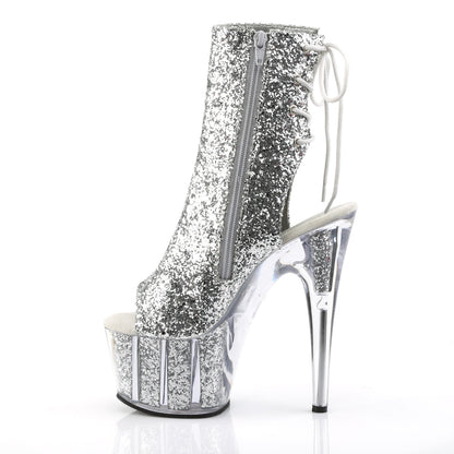 adore 1018g sexy glitter ankle boots with peep toes by pleaser shoes silver drag heels