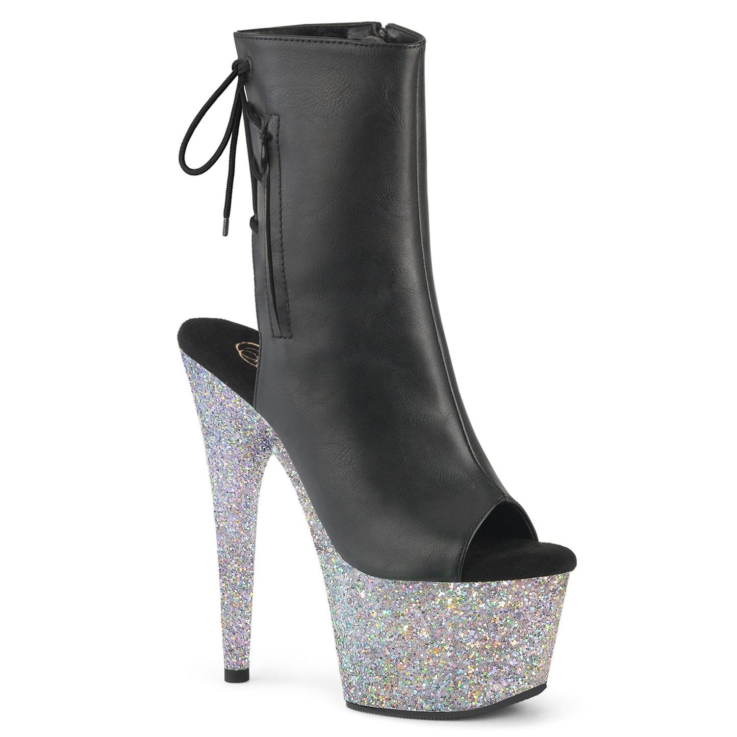 ADORE-1018LG Pleaser Black 7 Inch Strippers Ankle Boots Blk Faux Leather Slv Multi Glitter