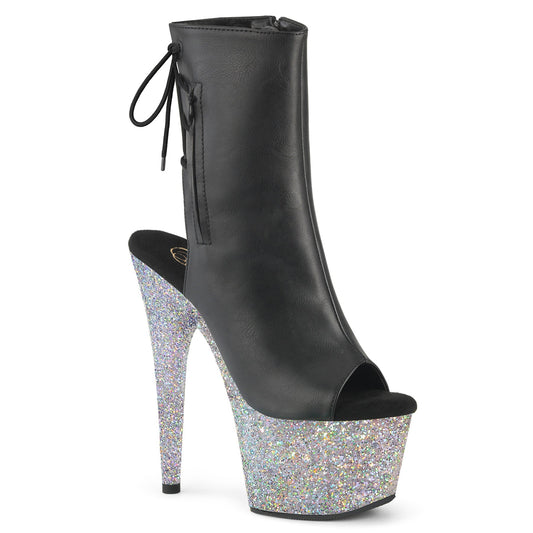 ADORE-1018LG Pleaser Black 7 Inch Strippers Ankle Boots Blk Faux Leather Slv Multi Glitter