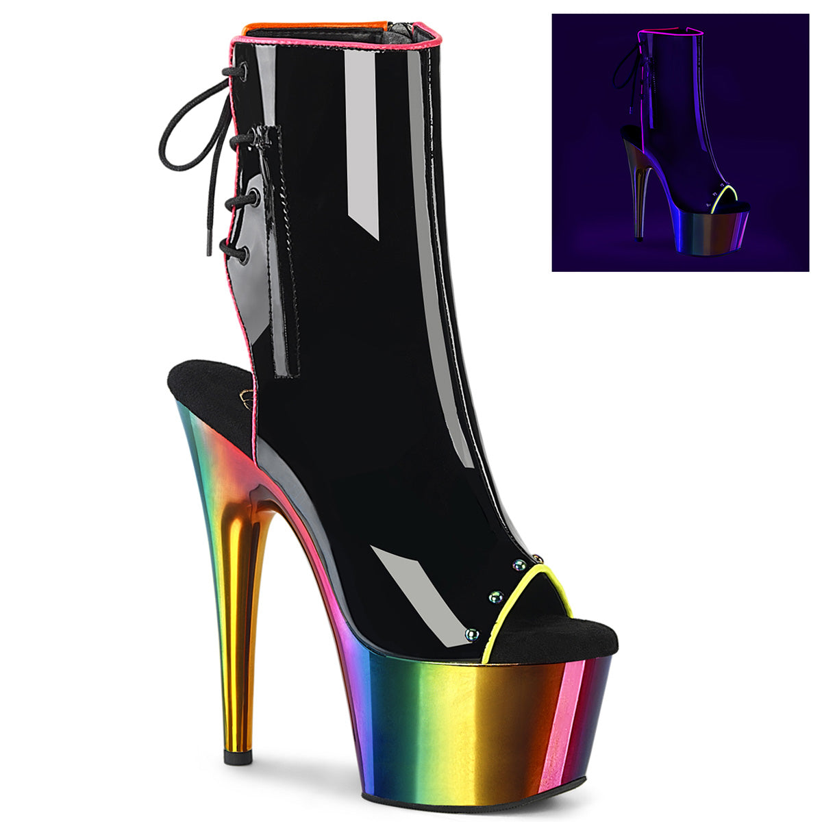 ADORE-1018RC-02 Pleaser Black Rainbow 7 Inch Exotic Pole Ankle Boots Blk Pat Rainbow Chrome