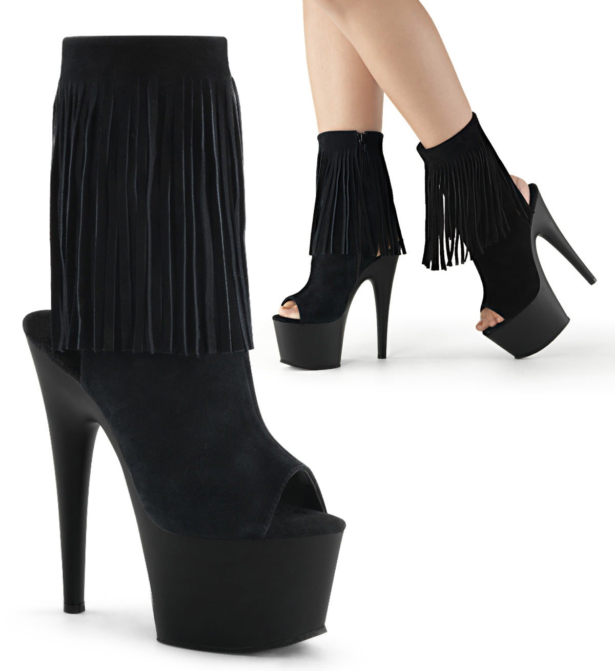 Pleaser ADORE-1019 Black Suede / Black Matte Open Toe Platform Ankle Boots - 7 Inch Heels
