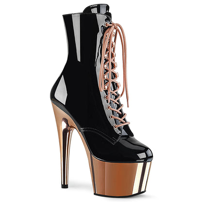 Pleaser ADORE-1020 Black / Rose Gold Chrome Lace-Up Platform Ankle Boots - 7 Inch Heels