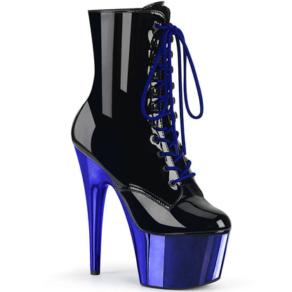 ADORE-1020 Pleaser Black Royal 7 Inch Fetish Pole Ankle Boots Black Patent Royal Blue Chrome