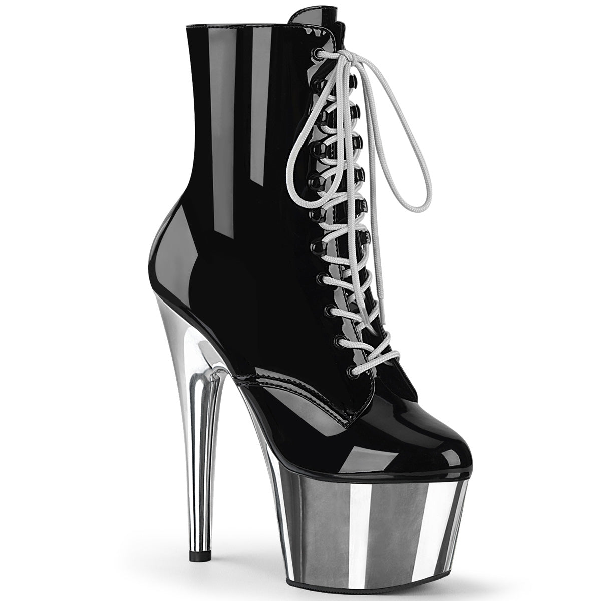 ADORE-1020 Pleaser Black Silver 7 Inch Exotic Dance Ankle Boots Black Patent Silver Chrome