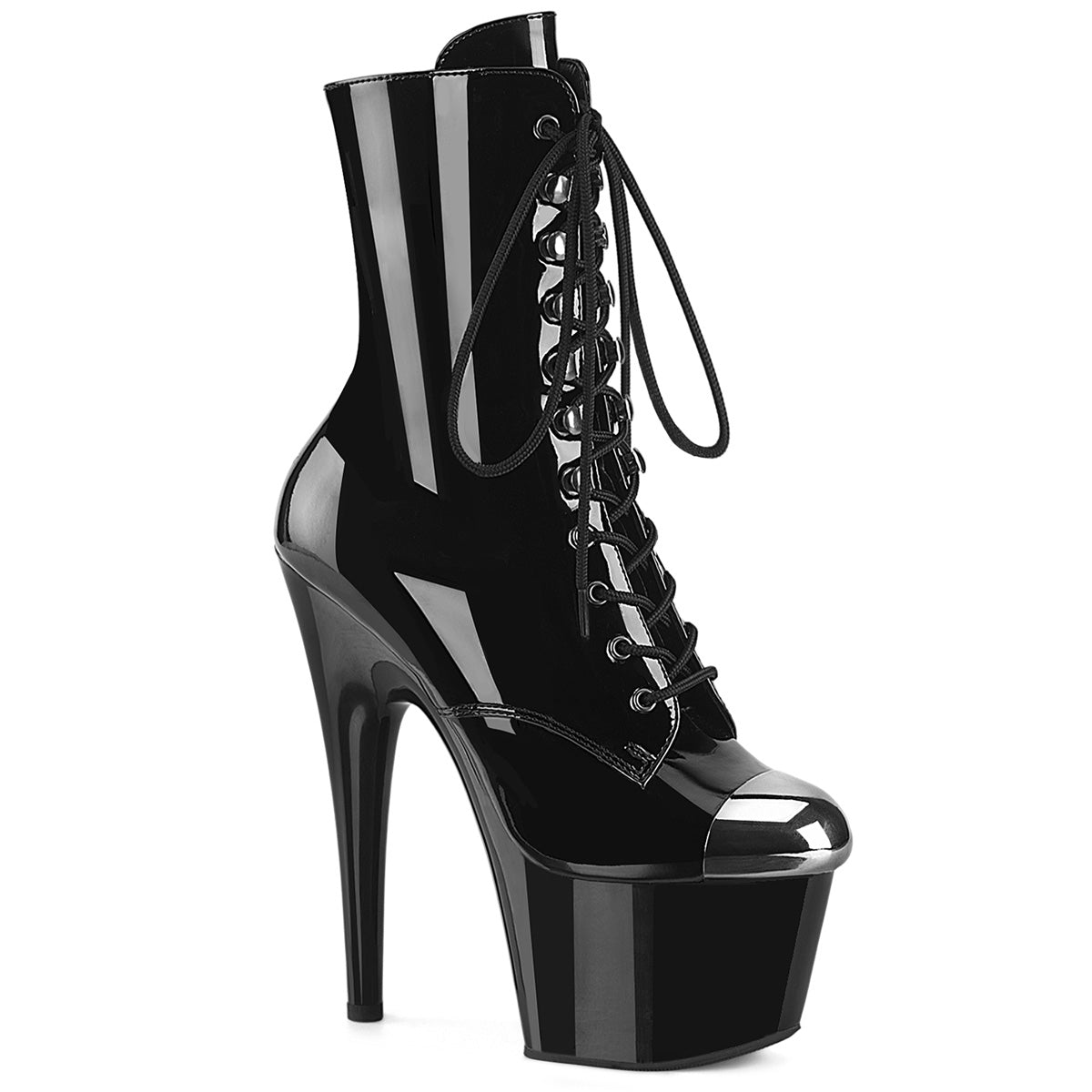 ADORE-1020ESC Pleaser Black 7 Inch Pole Heels Ankle Boots Blk Pat Blk