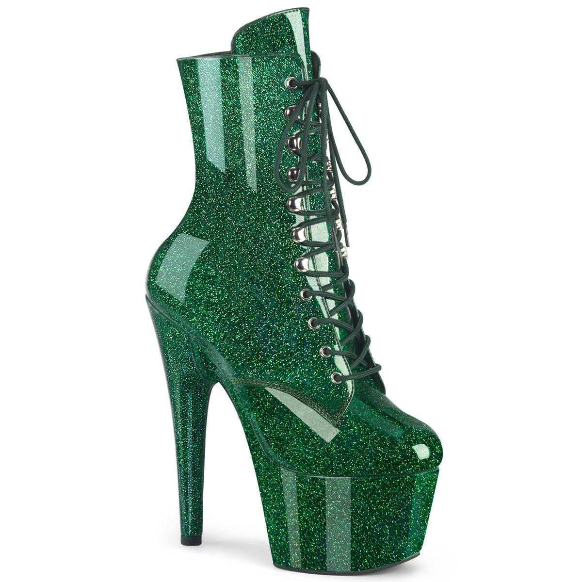 ADORE-1020GP Pleaser Emerald Green 7 Inch Glitter Platform Ankle Boots Emerald Green Glitter Pat M