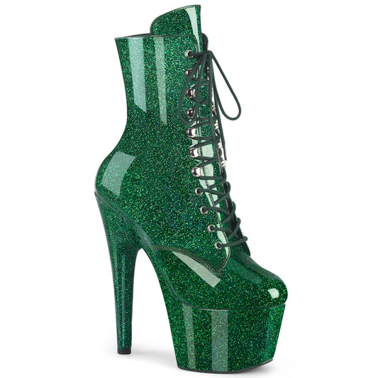 ADORE-1020GP Pleaser Emerald Green 7 Inch Glitter Platform Ankle Boots Emerald Green Glitter Pat M
