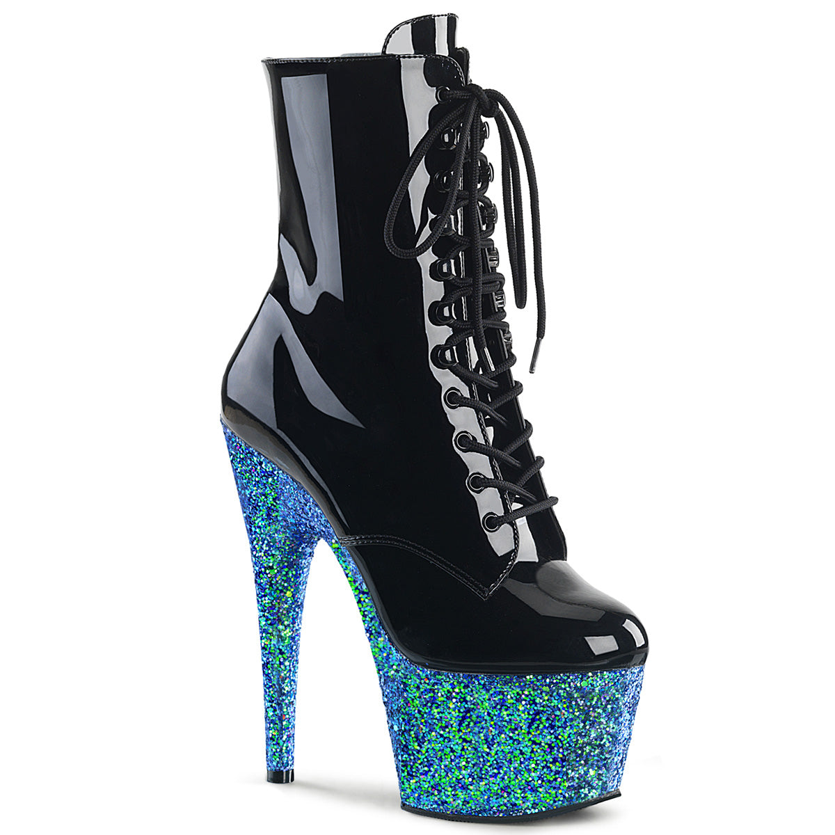 ADORE-1020LG Pleaser Black 7 Inch Pole Dancing Ankle Boots Black Patent Blue Multi Glitter
