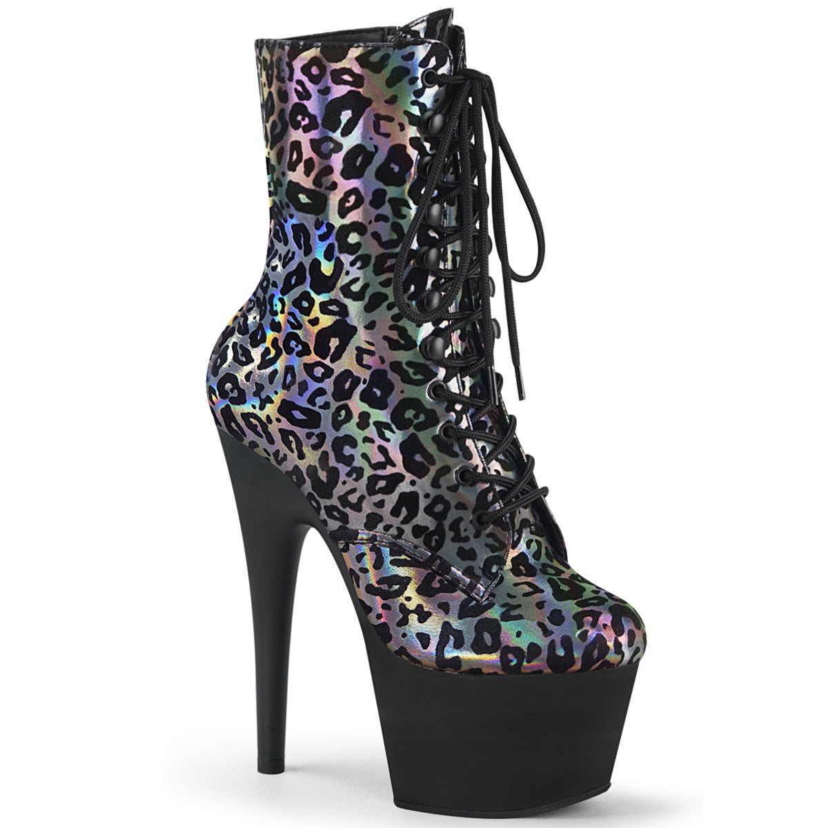 ADORE-1020LP Pleaser Pewter Leopard Print 7 Inch Fetish Platform Ankle Boots Pewter Leopard Print Holo Black Matte