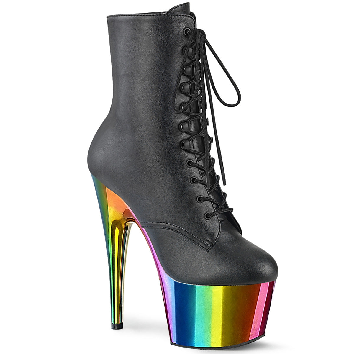 ADORE-1020RC Pleaser Black 7 Inch Exotic Dance Ankle Boots Blk Faux Leather Rainbow Chrome
