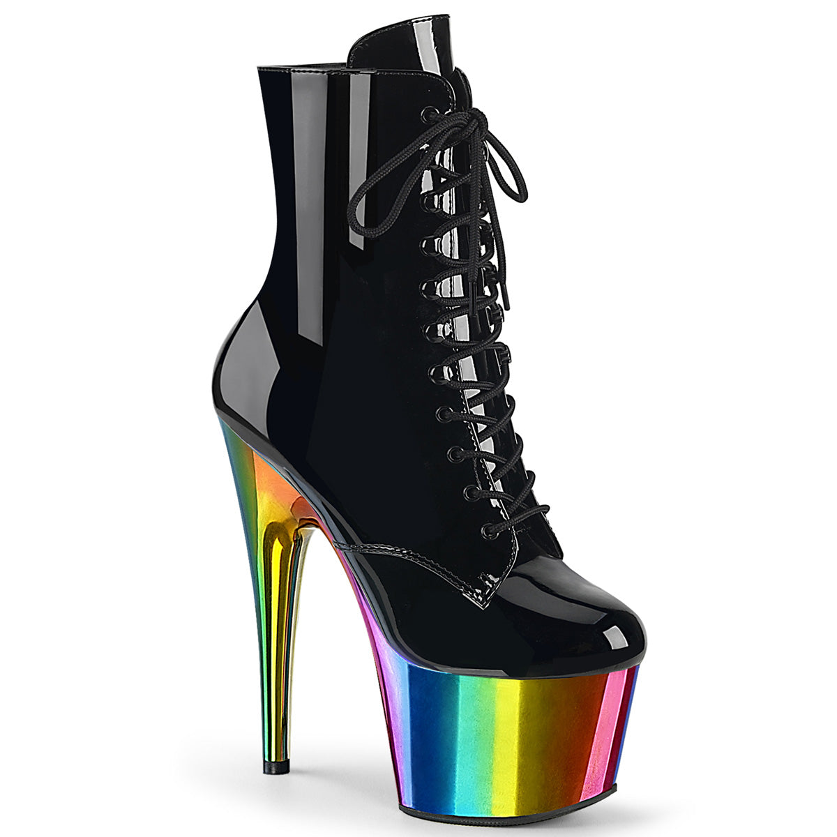 ADORE-1020RC Pleaser Black Rainbow 7 Inch Pole Dancing Ankle Boots Black Pat Rainbow Chrome