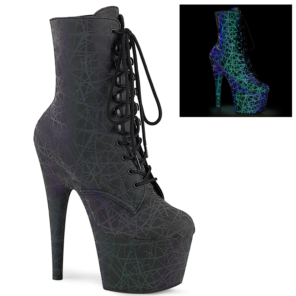 ADORE-1020REFL Pleaser Green-Purple 7 Inch Reflective Ankle Boots Green-Purple Refl. Green-Purple Refl.