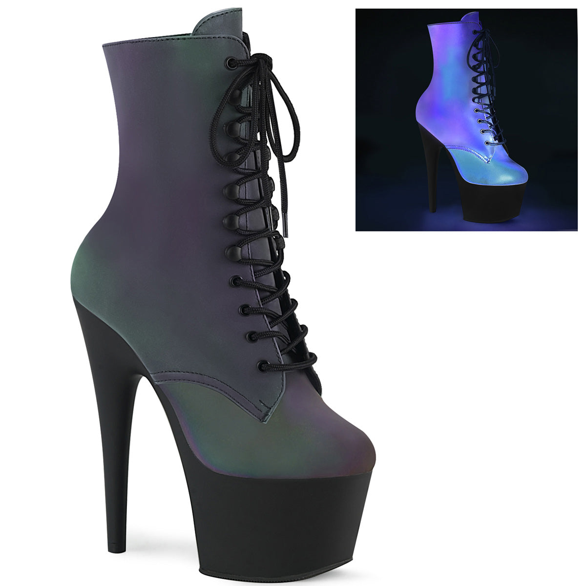 ADORE-1020REFL Pleaser Green Multi Reflective 7 Inch Fetish Platform Ankle Boots