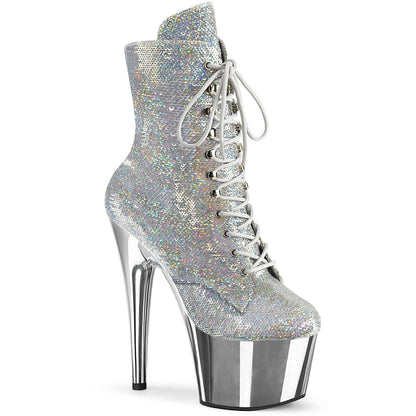 ADORE-1020SQ-02 Pleaser Silver Holo 7 Inch Exotic Dancer Ankle Boots Slv Holo Sequins Slv Chrome