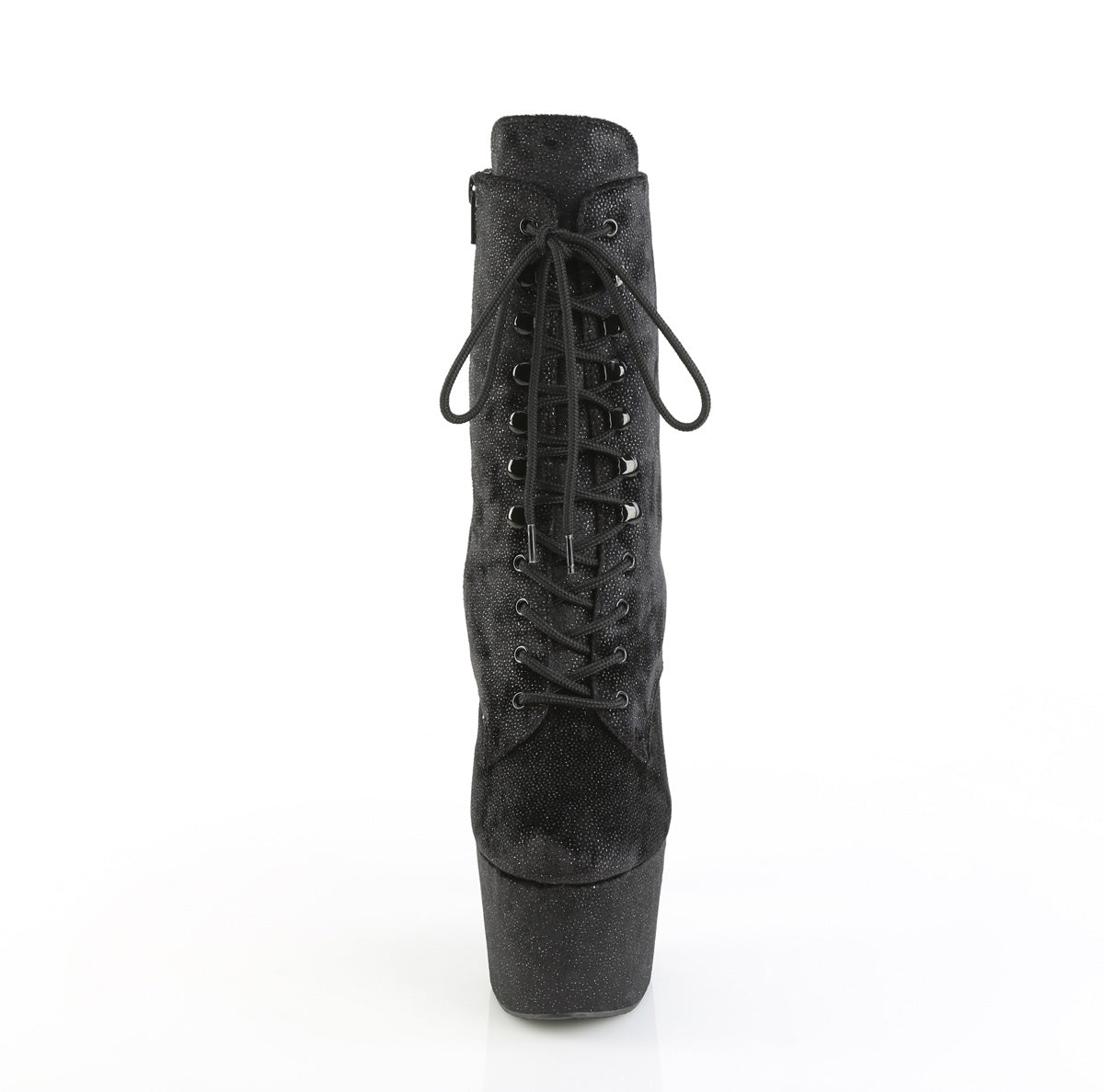 Pleaser ADORE-1020WR Black Shimmering Fabric / Black Lace-Up Platform Ankle Boots - 7 Inch Heels