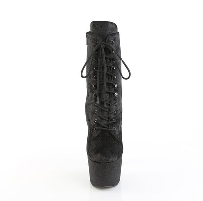 Pleaser ADORE-1020WR Black Shimmering Fabric / Black Lace-Up Platform Ankle Boots - 7 Inch Heels