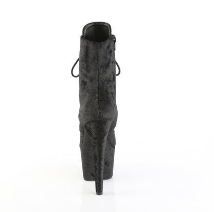 Pleaser ADORE-1020WR Black Shimmering Fabric / Black Lace-Up Platform Ankle Boots - 7 Inch Heels