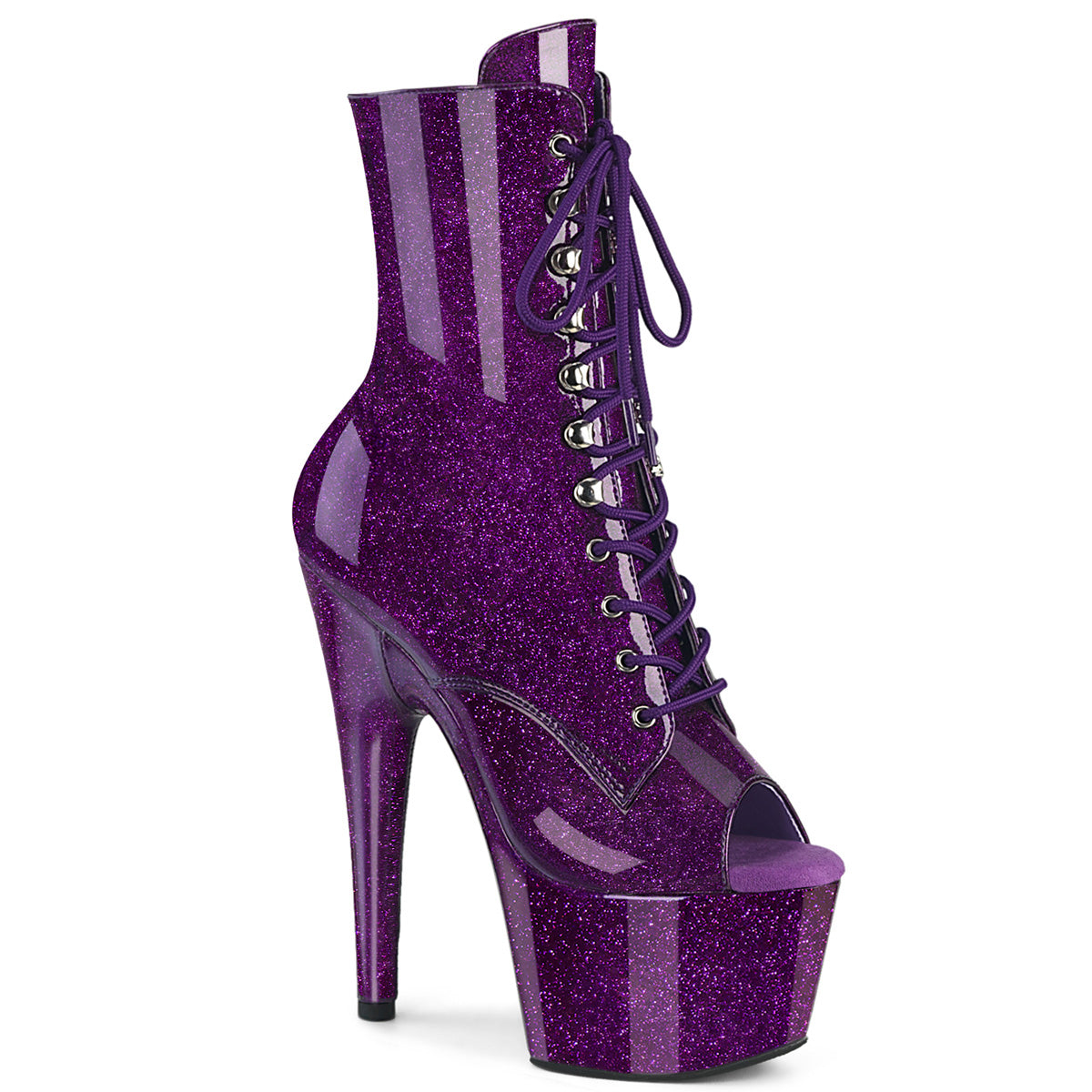 ADORE-1021GP Pleaser Purple Glitter Lace Up Platform Peep Toe Ankle Boots
