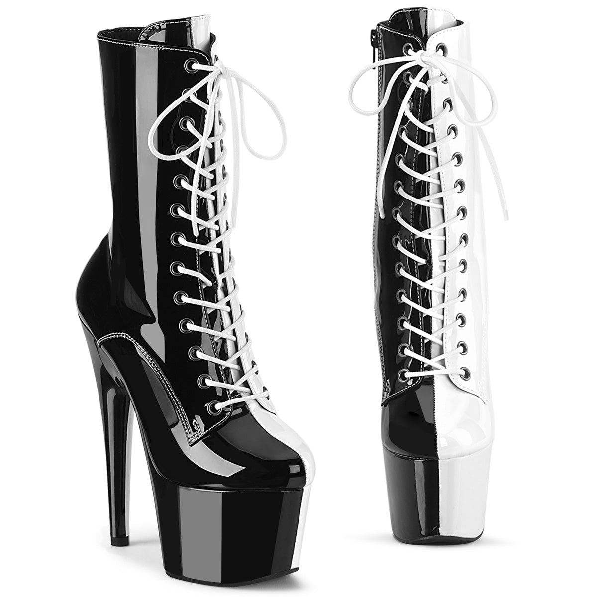 ADORE-1040TT Pleaser Black White 7 Inch Exotic Dancing Ankle Boots Blk-Wht Pat Blk-Wht