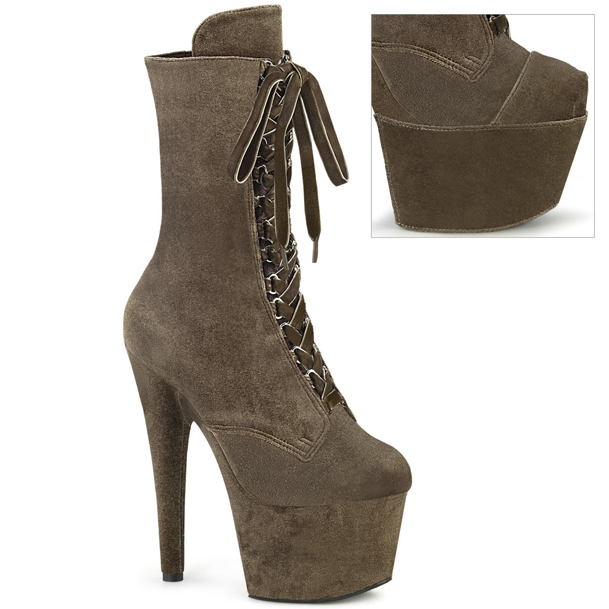ADORE-1045VEL Pleaser Khaki Velvet 7 Inch Erotic Platform Ankle Boots