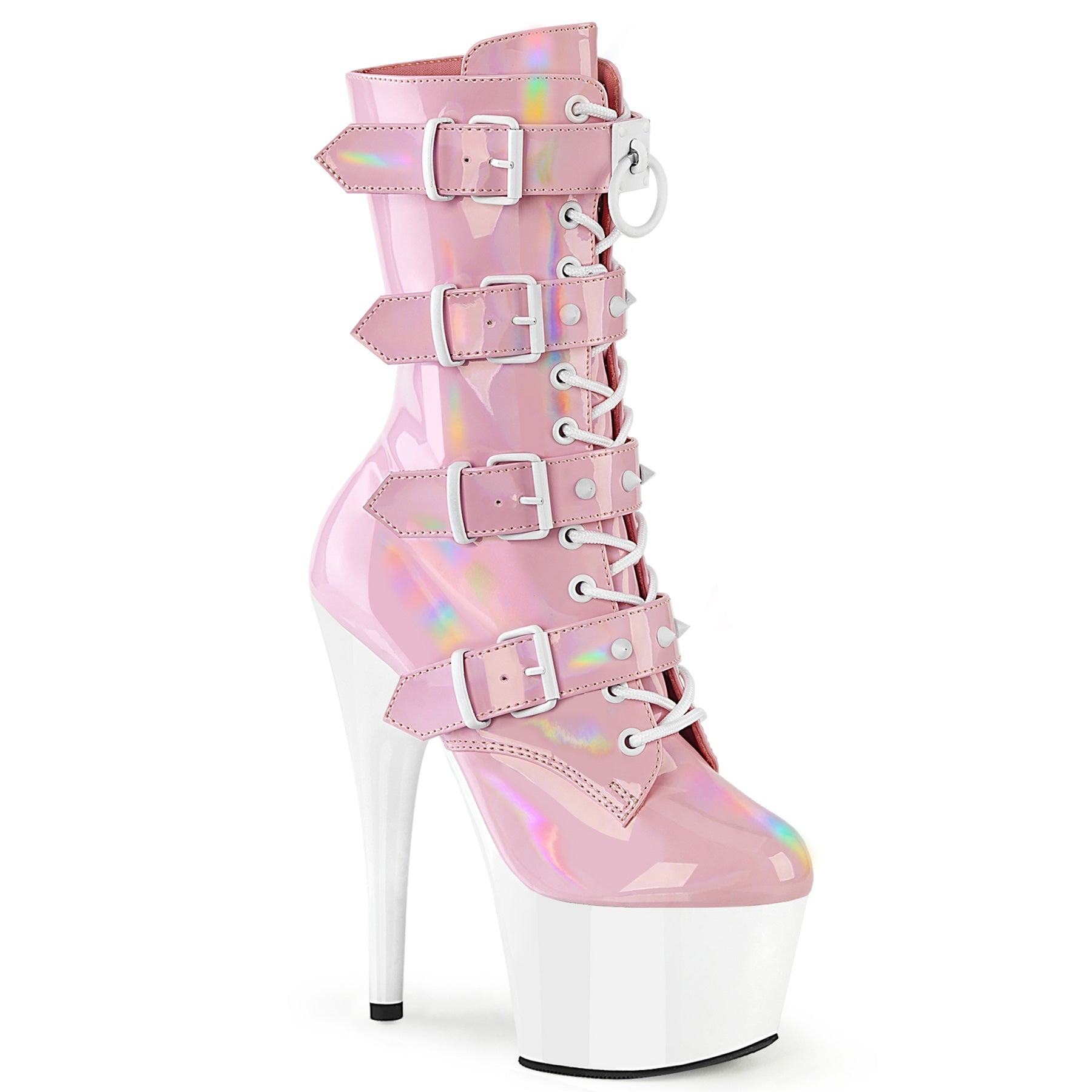 ADORE-1046TT Pleaser Baby Pink Holo 7 Inch Fetish Platform Ankle Boots B. Pink Holo Pat Wht