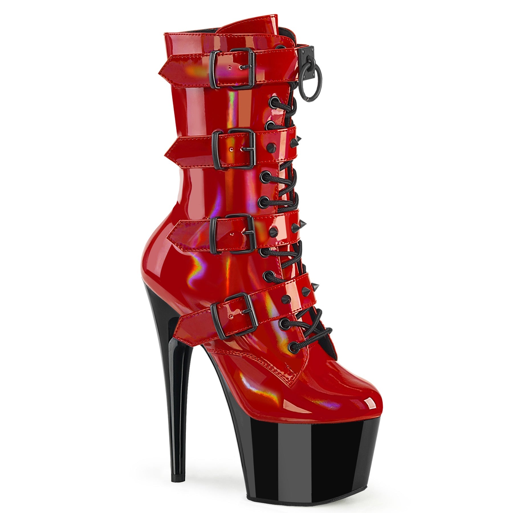 ADORE-1046TT Pleaser Red Holo 7 Inch Pole Dance Ankle Boots Red Holo Pat Blk