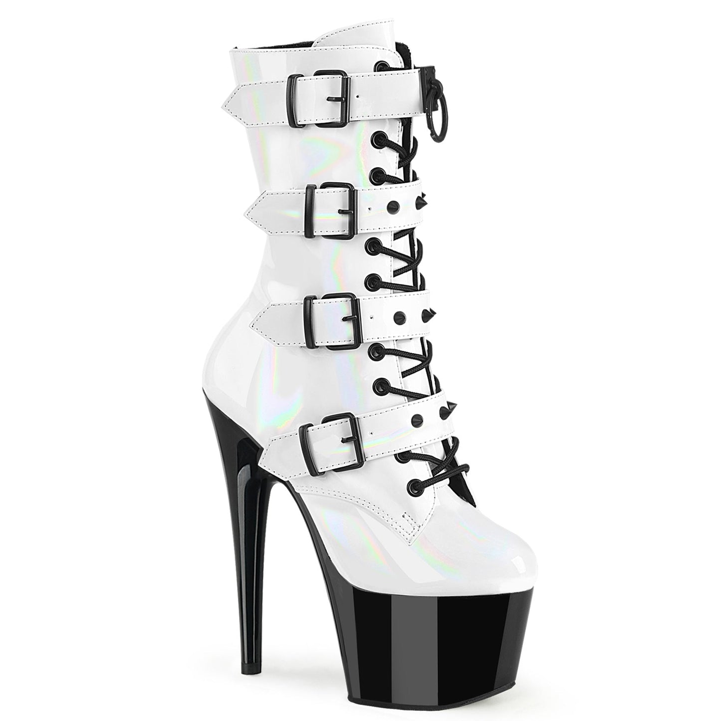 ADORE-1046TT Pleaser White 7 Inch Exotic Dance Ankle Boots Wht Holo Pat Blk