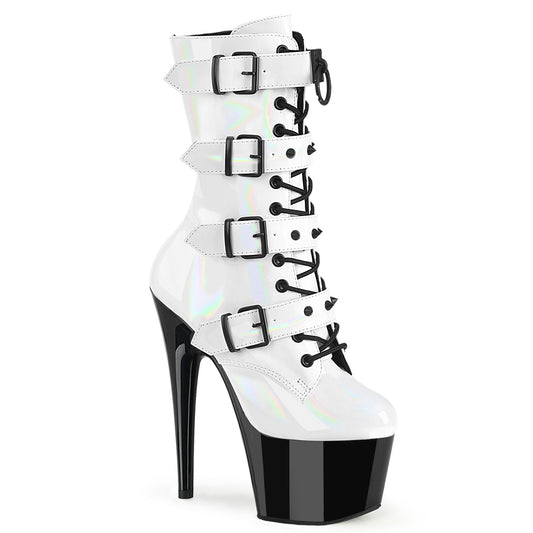 ADORE-1046TT Pleaser White 7 Inch Exotic Dance Ankle Boots Wht Holo Pat Blk