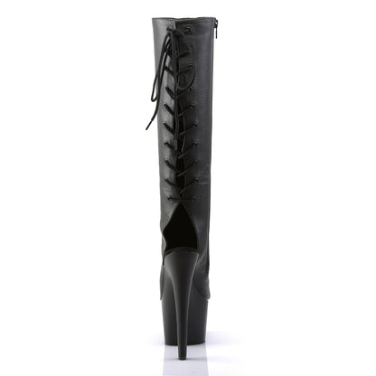 Pleaser ADORE-2018 Black / Black Matte Lace-Up Open Toe Platform Knee High Boots - 7 Inch Heels