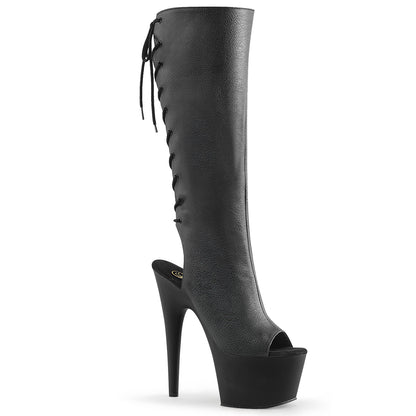 Pleaser ADORE-2018 Black / Black Matte Lace-Up Open Toe Platform Knee High Boots - 7 Inch Heels