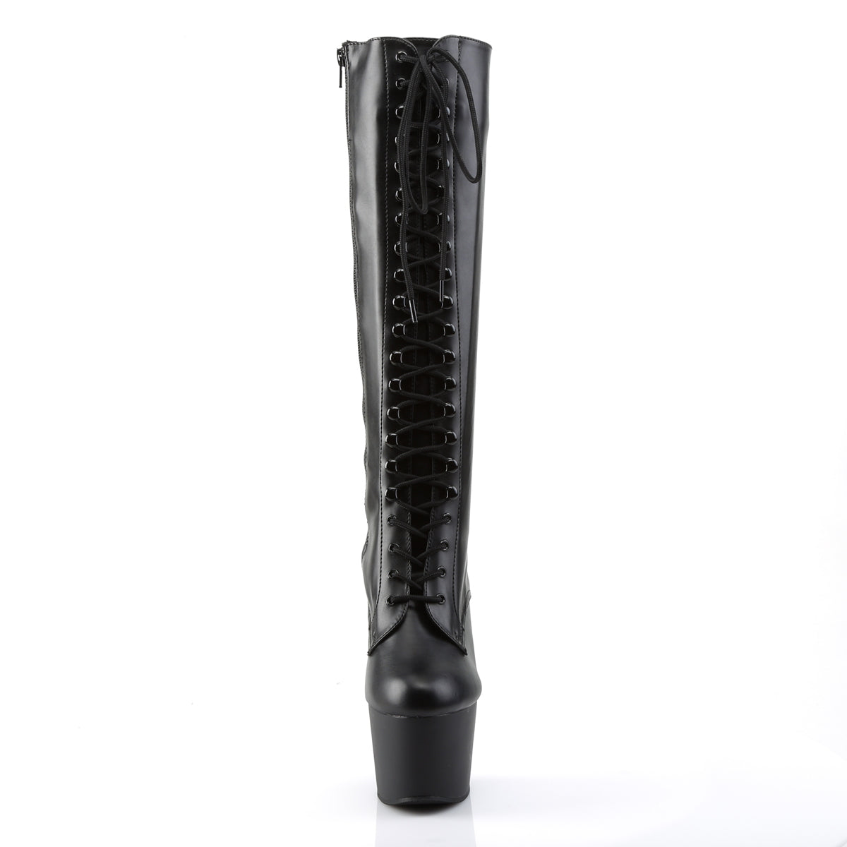 Pleaser ADORE-2023 Black / Black Matte Lace-Up Platform Knee High Boots - 7 Inch Heels