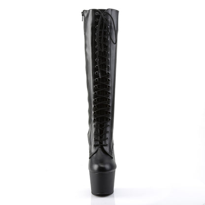 Pleaser ADORE-2023 Black / Black Matte Lace-Up Platform Knee High Boots - 7 Inch Heels