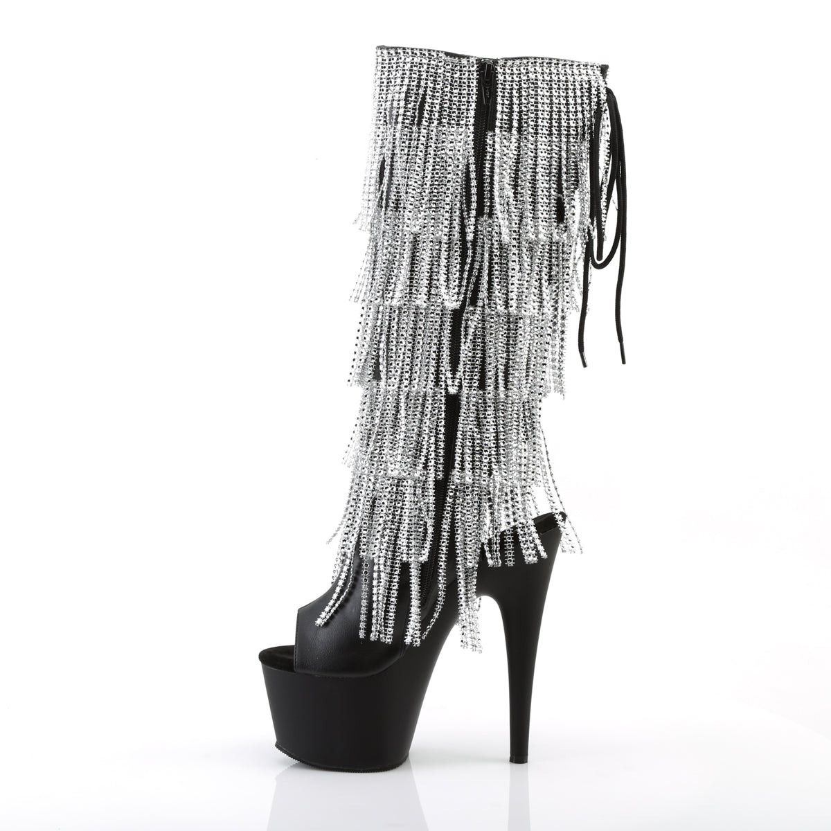 Pleaser ADORE-2024RSF Black / Black Matte Rhinestone Lace-Up Platform Knee High Boots - 7 Inch Heels